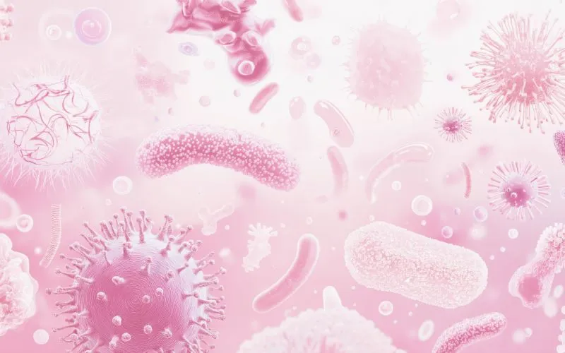 photo avec micro-organismes pour symboliser le microbiote cutané.