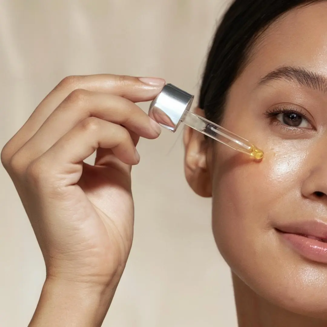 Personne appliquant un sérum aux probiotiques actifs sur son visage, étape de la skincare routine